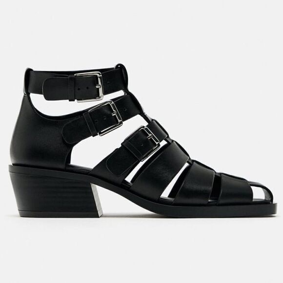 ZARA HEELED BUCKLED GENUINE LEATHER CAGE SANDALS - Picture 5 of 14